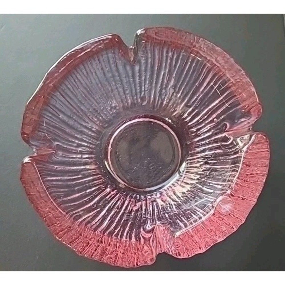 Vtg Blenko Glass Ashtray Rose Pink Sunburst Ribbed Heavy MCM 1960s Small